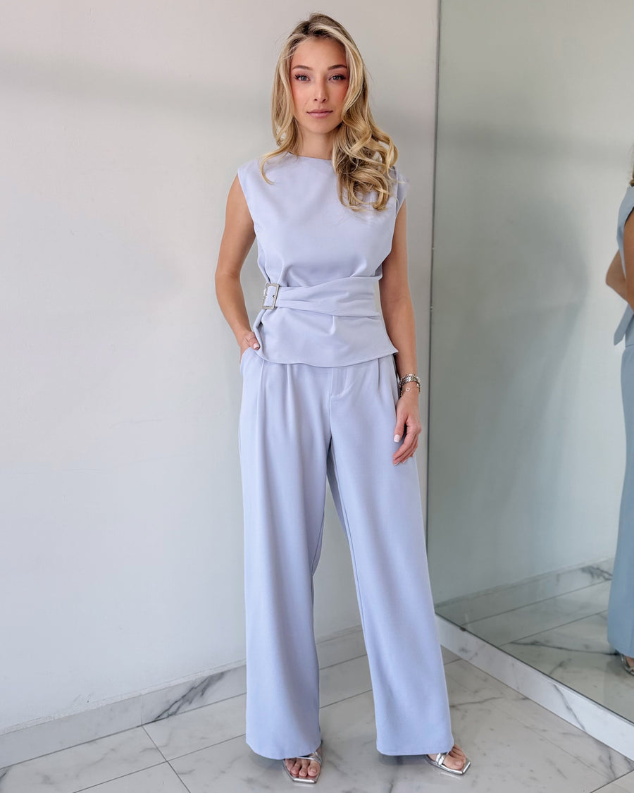 Blue Grey Top + Pant Two Piece Set