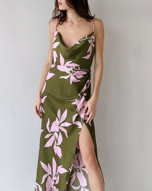 Green Floral Open Leg Midi Dress