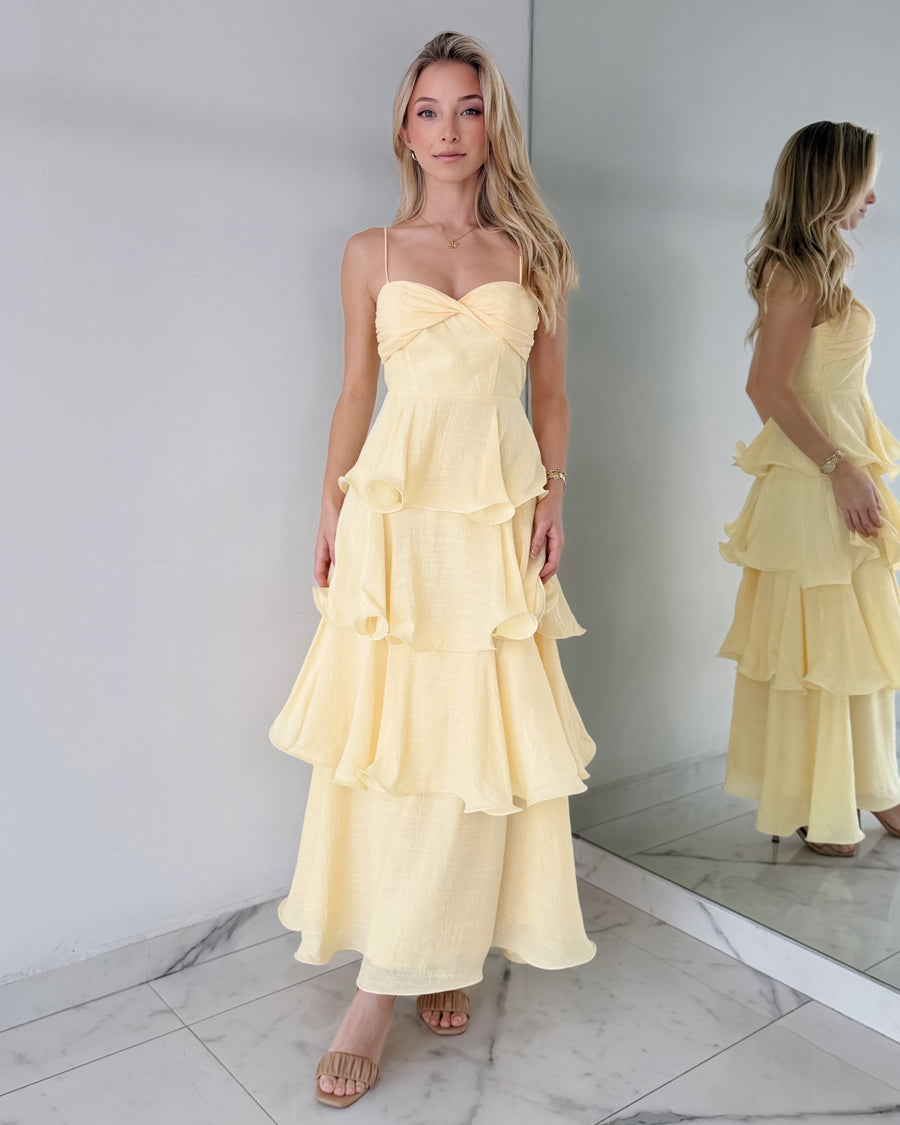 Baby Yellow Strap Ruffle Maxi Dress