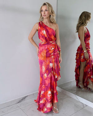 Pink Print One Shoulder Maxi Dress