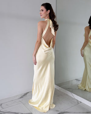Butter Yellow Open Back Gown Dress