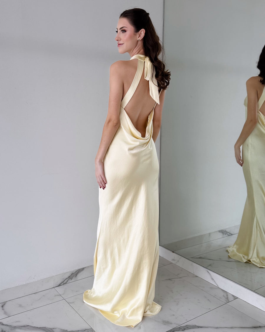 Butter Yellow Open Back Gown Dress