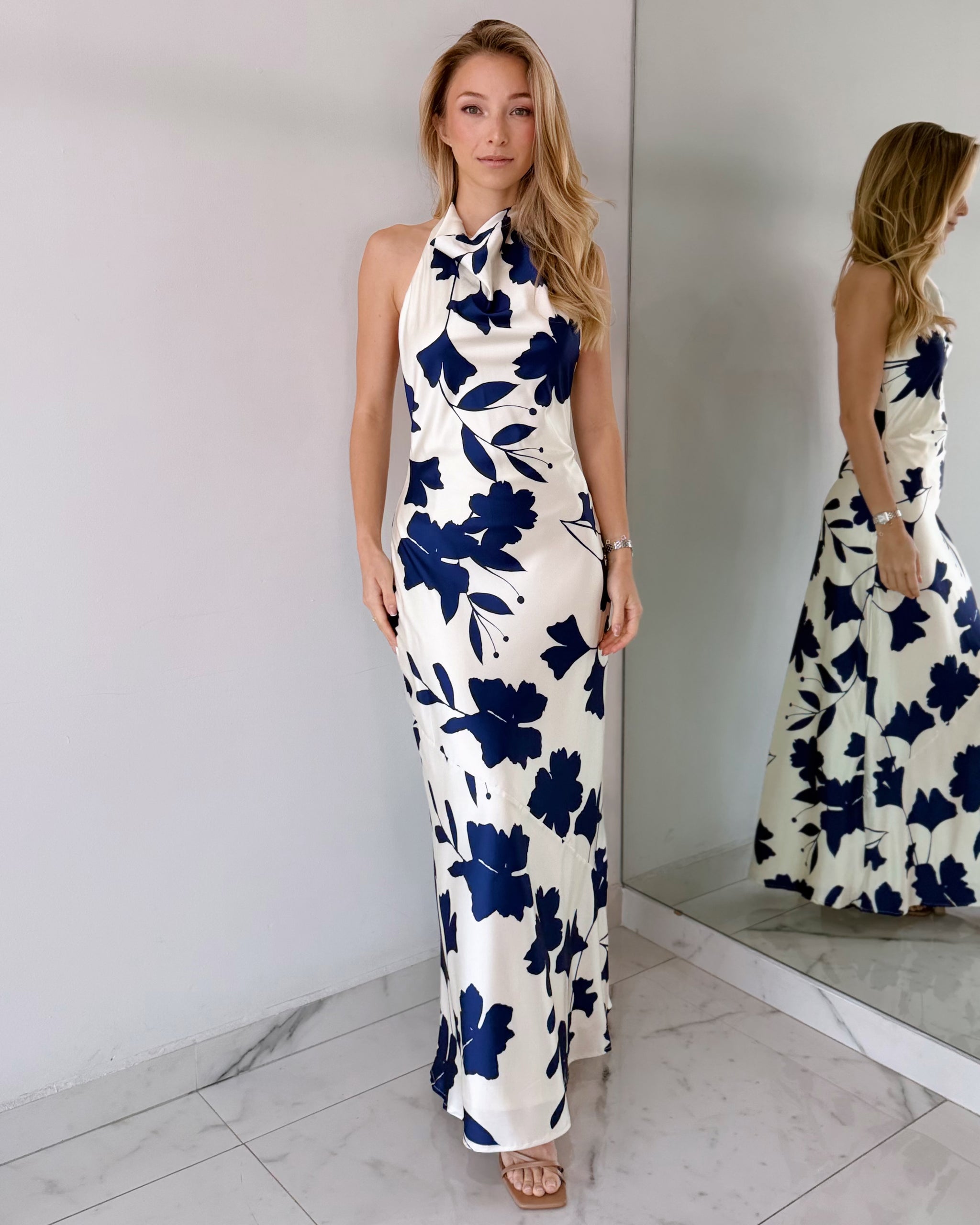 Blue Print Open Back Maxi Dress