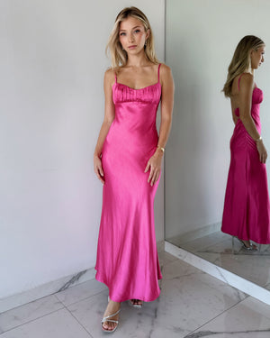 Magenta Silk Open Back Maxi Dress