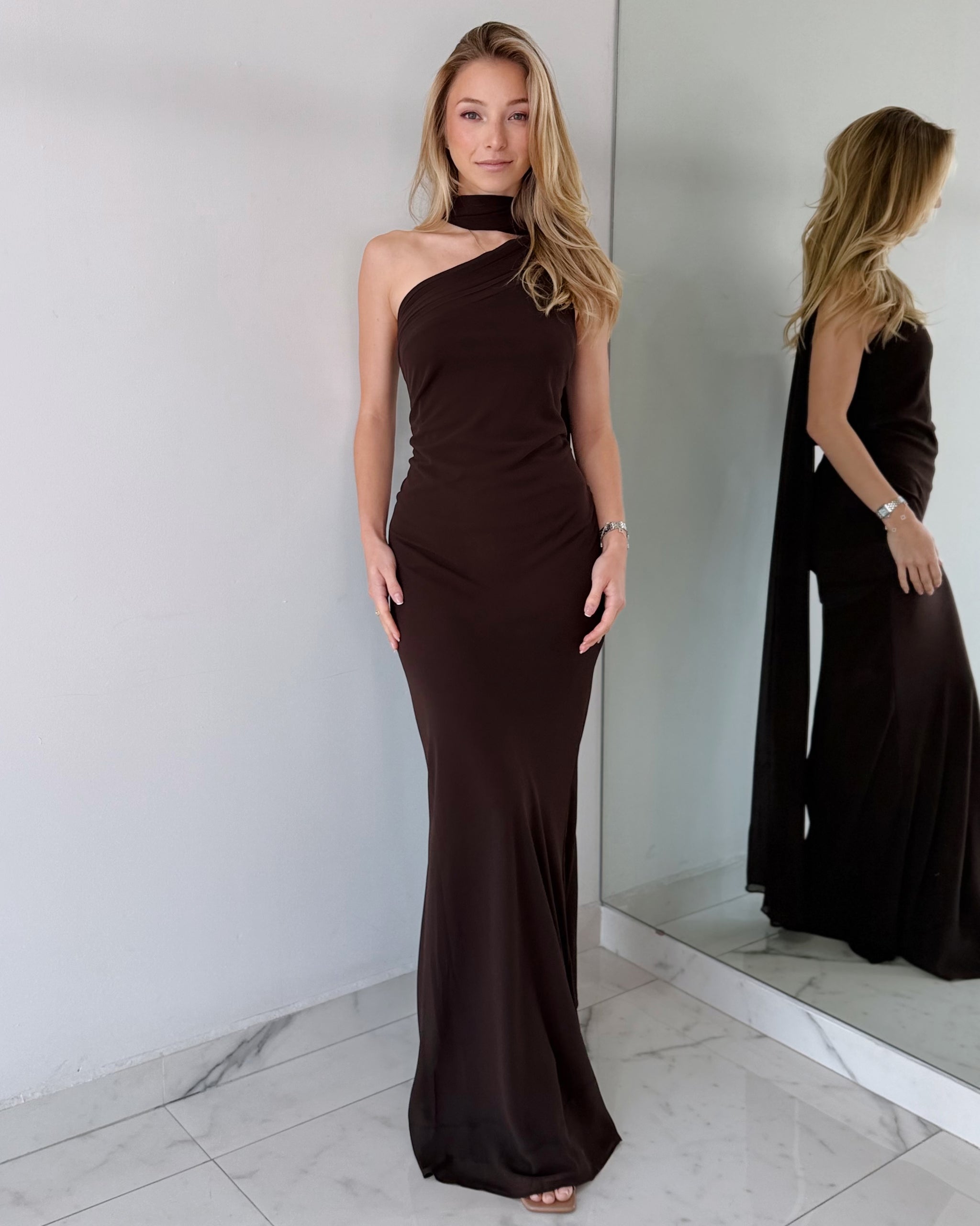 Coffee Chocolate One Shoulder Gown Dress