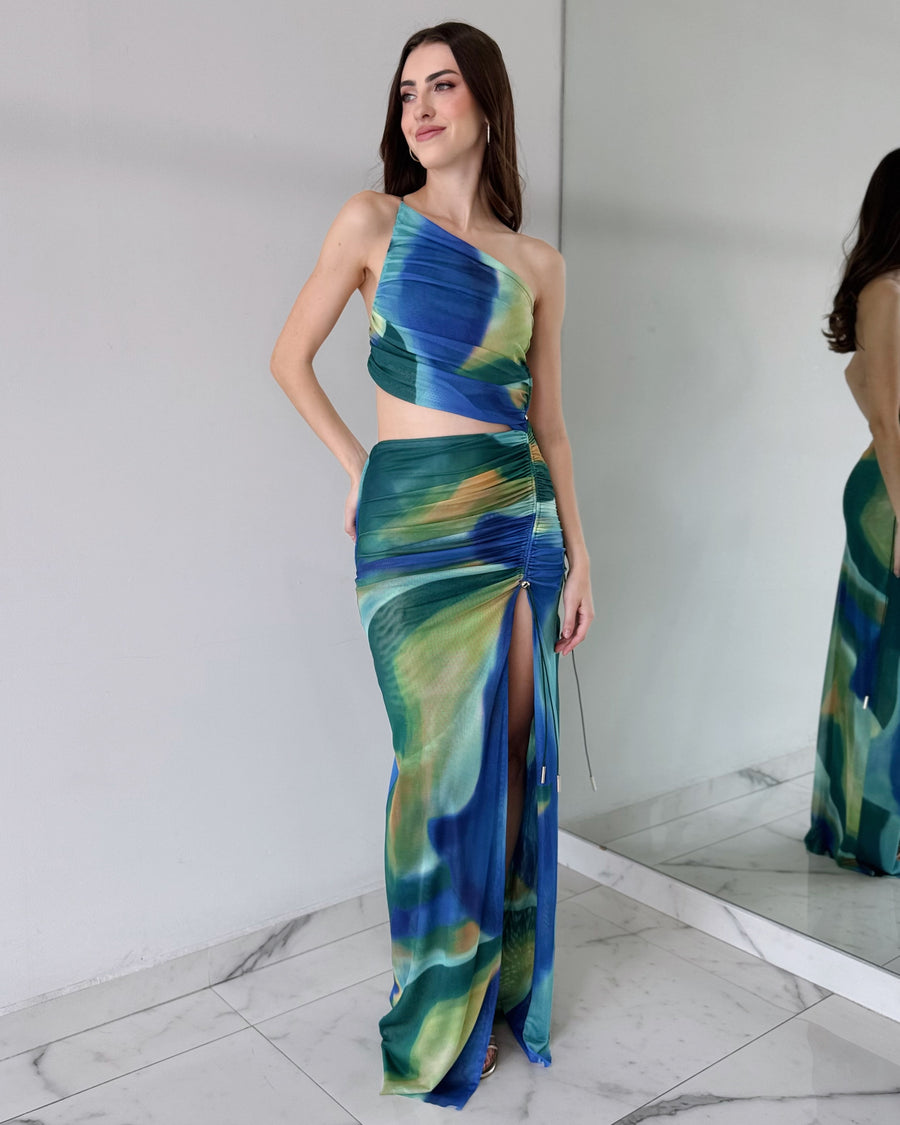 Blue Print One Shoulder Open Back Gown Dress