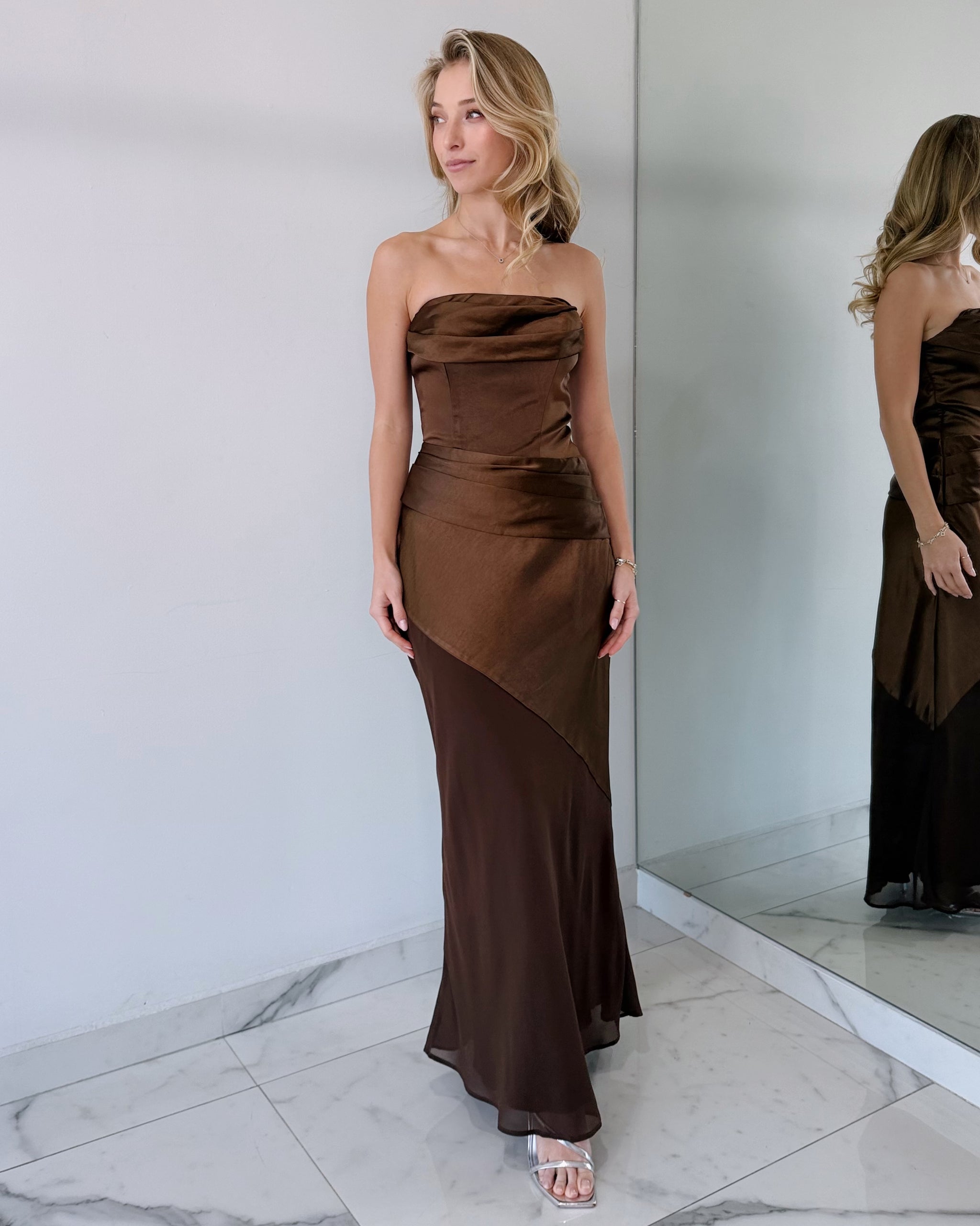Coffee Brown Strapless Maxi Dress