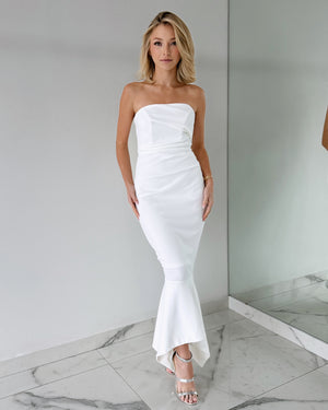 White Strapless Ruffle Midi Dress