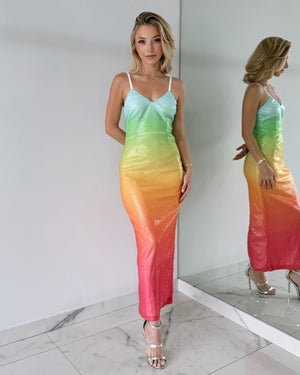 Rainbow Strap Sequin Midi Dress