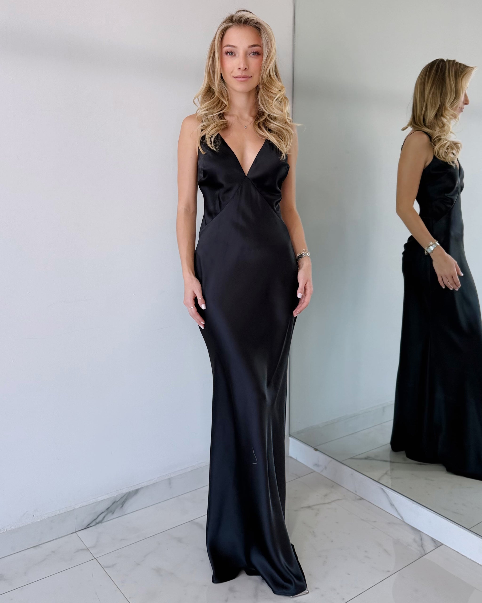Black Silk Open Back Gown Dress