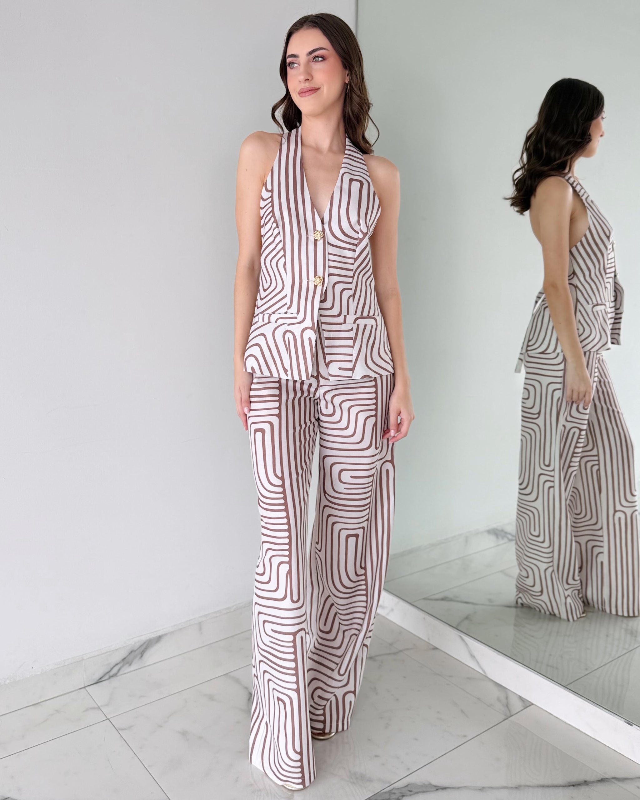 Nude Print Top + Pant Two Piece Set