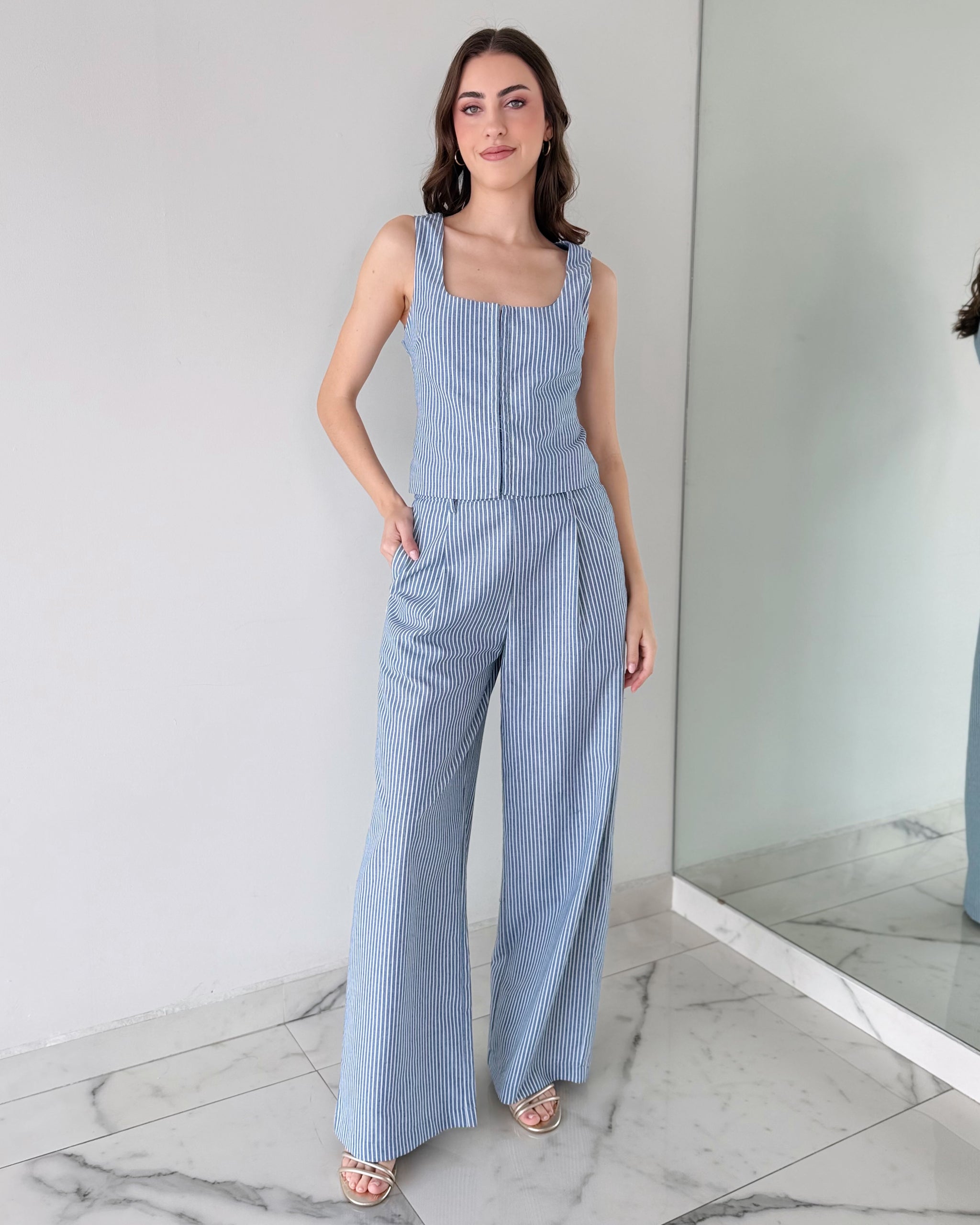 Blue Grey Top + Pant Two Piece Set