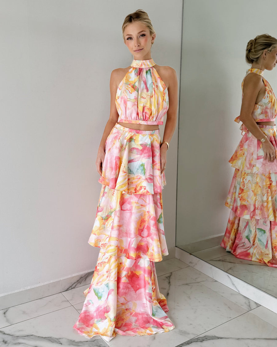 Pink Tie Dye Two Piece Gown Dress