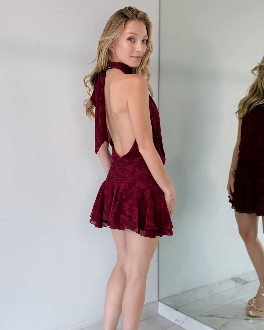 Wine Halter Print Mini Dress