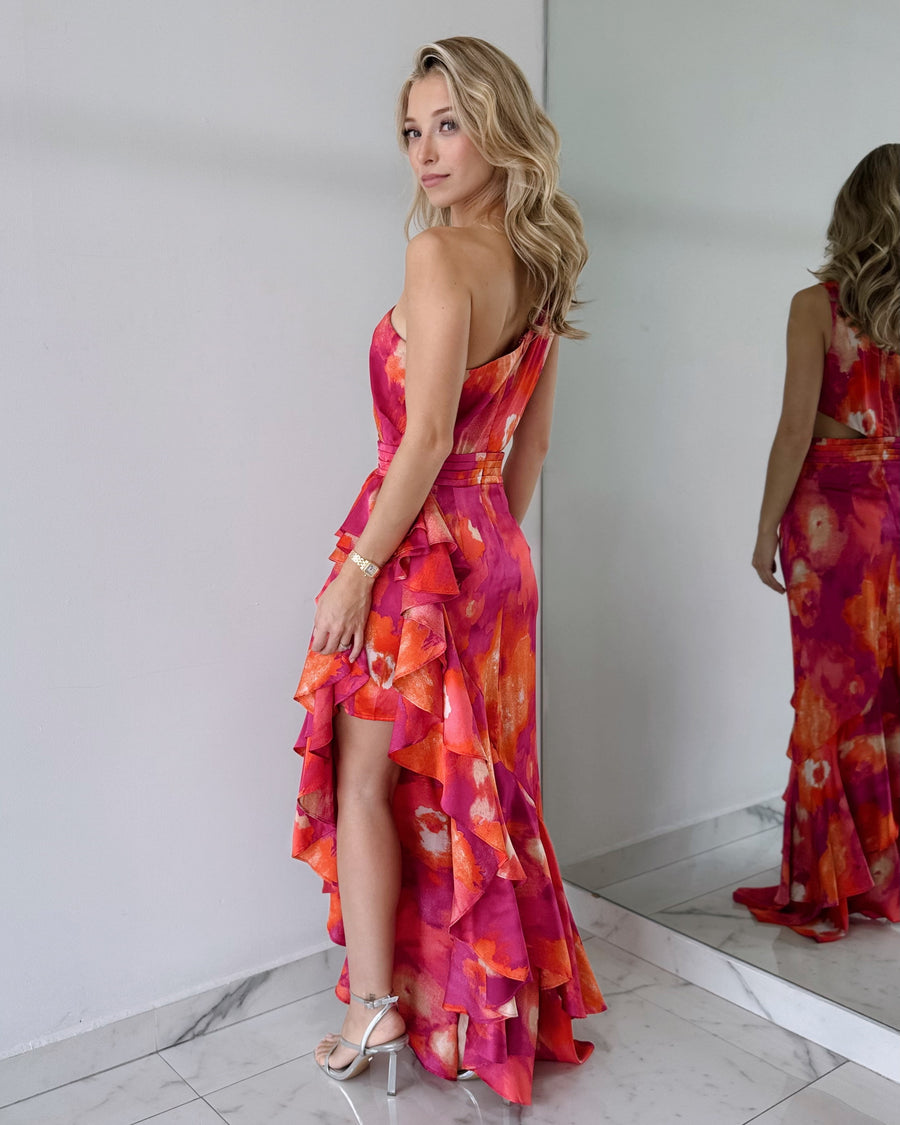 Pink Print One Shoulder Maxi Dress