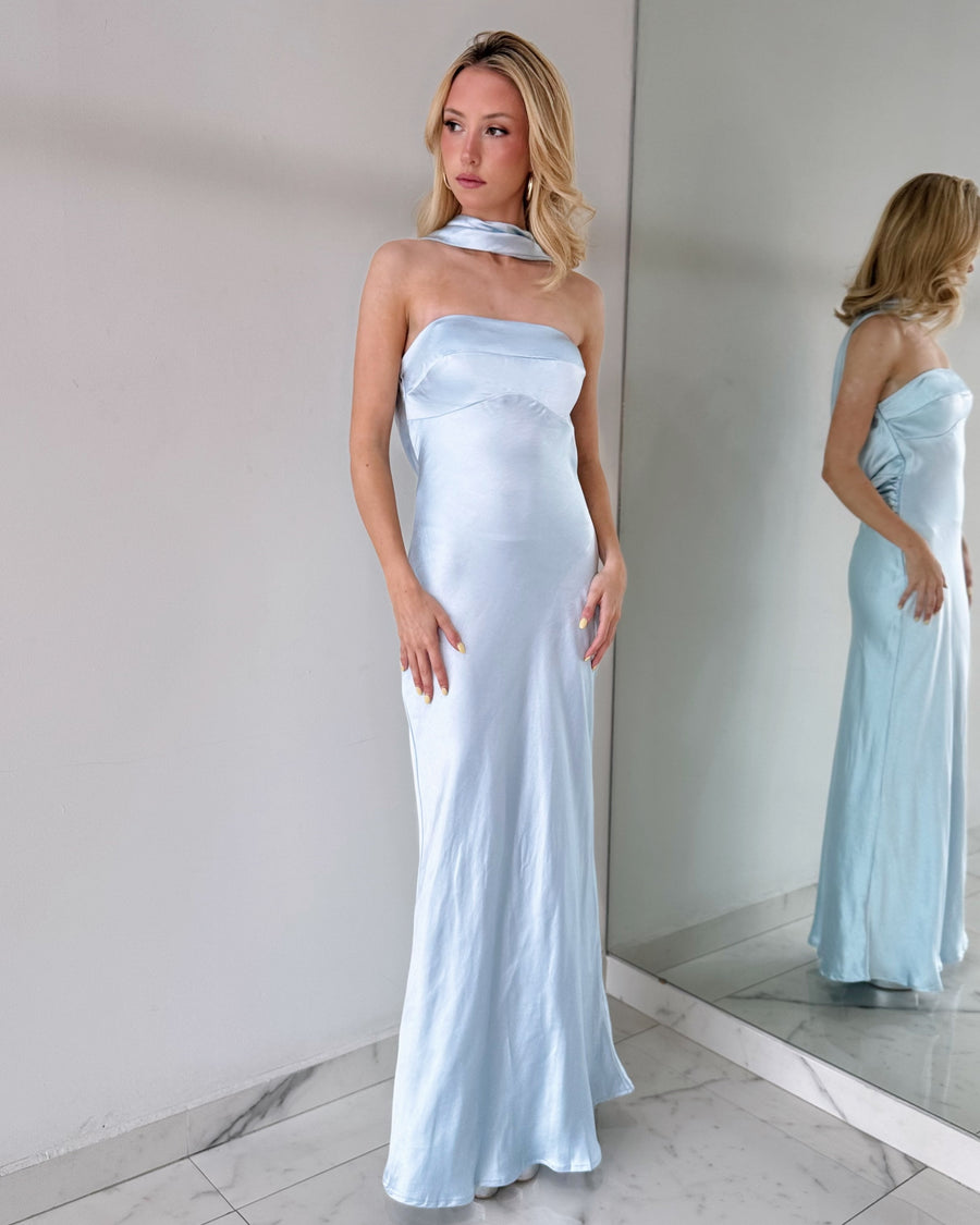 CM6375D Baby Blue Strapless Choker Maxi Dress