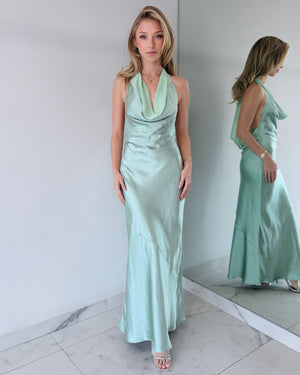 Mint Sage Open Back Silk Maxi Dress