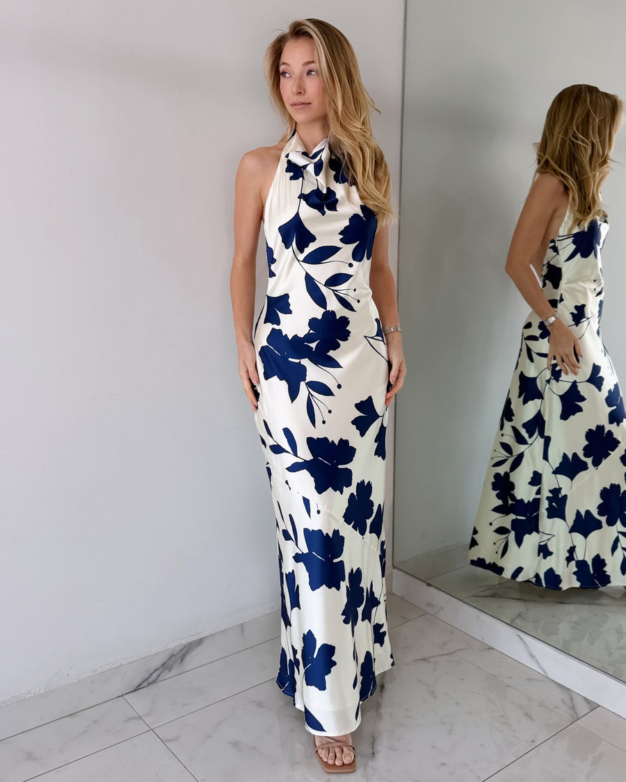 Blue Print Open Back Maxi Dress