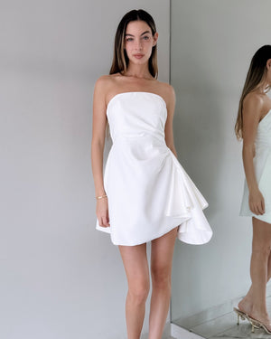 White Strapless Ruffle Mini Dress