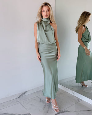 Green Mint Sage Halter Midi Dress