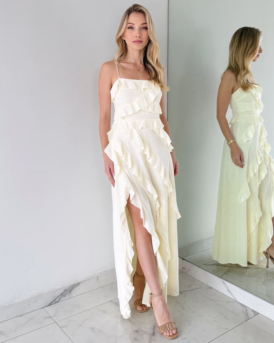 Ivory Ruffle Open Leg Maxi Dress