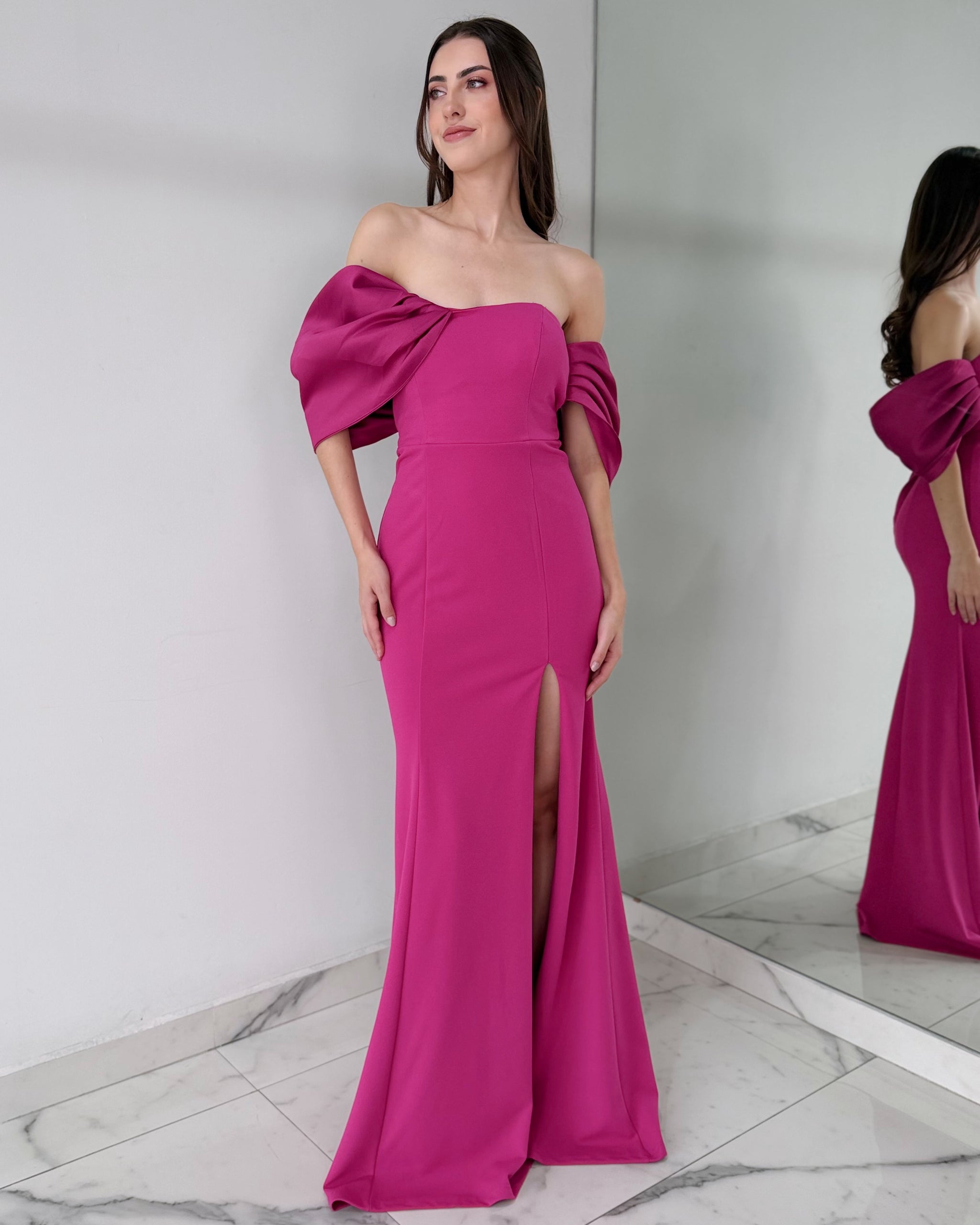 Magenta Off Shoulder Gown Dress