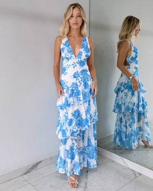 Baby Blue Floral V Neck Midii Dress