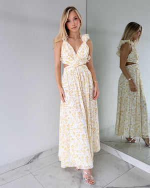 Yellow Print Ruffle Maxi Dress