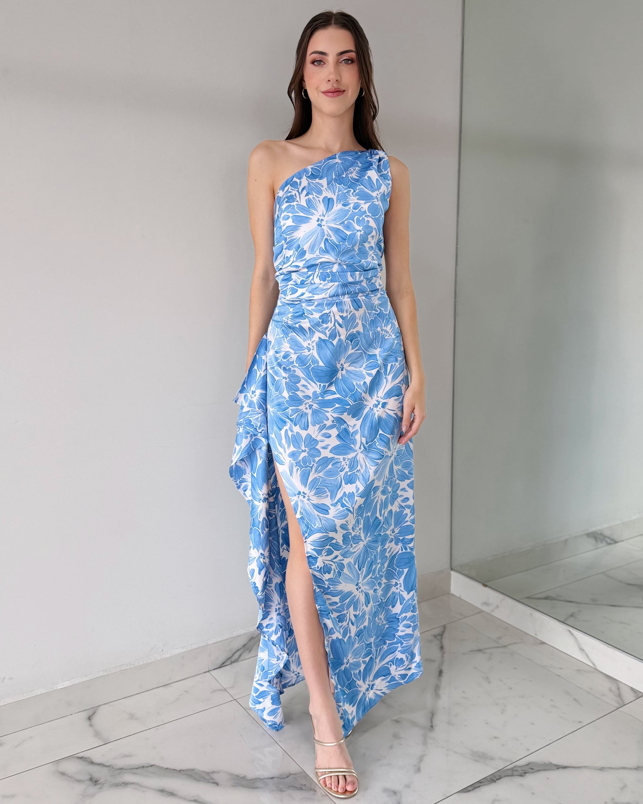 Baby Blue Print One Shoulder Ruffle Maxi Dress