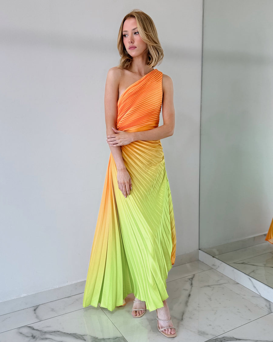 Orange Lime Green Print Asymmetrical Midi Dress