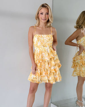 Yellow Floral Ruffle Mini Dress