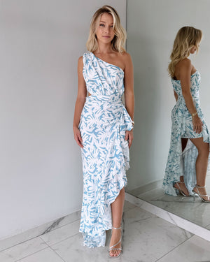 Baby Blue Print One Shoulder Gown Dress