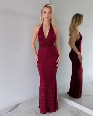 Wine Pearl Halter Gown Dress