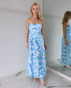Baby Blue Floral Ruffle Maxi Dress