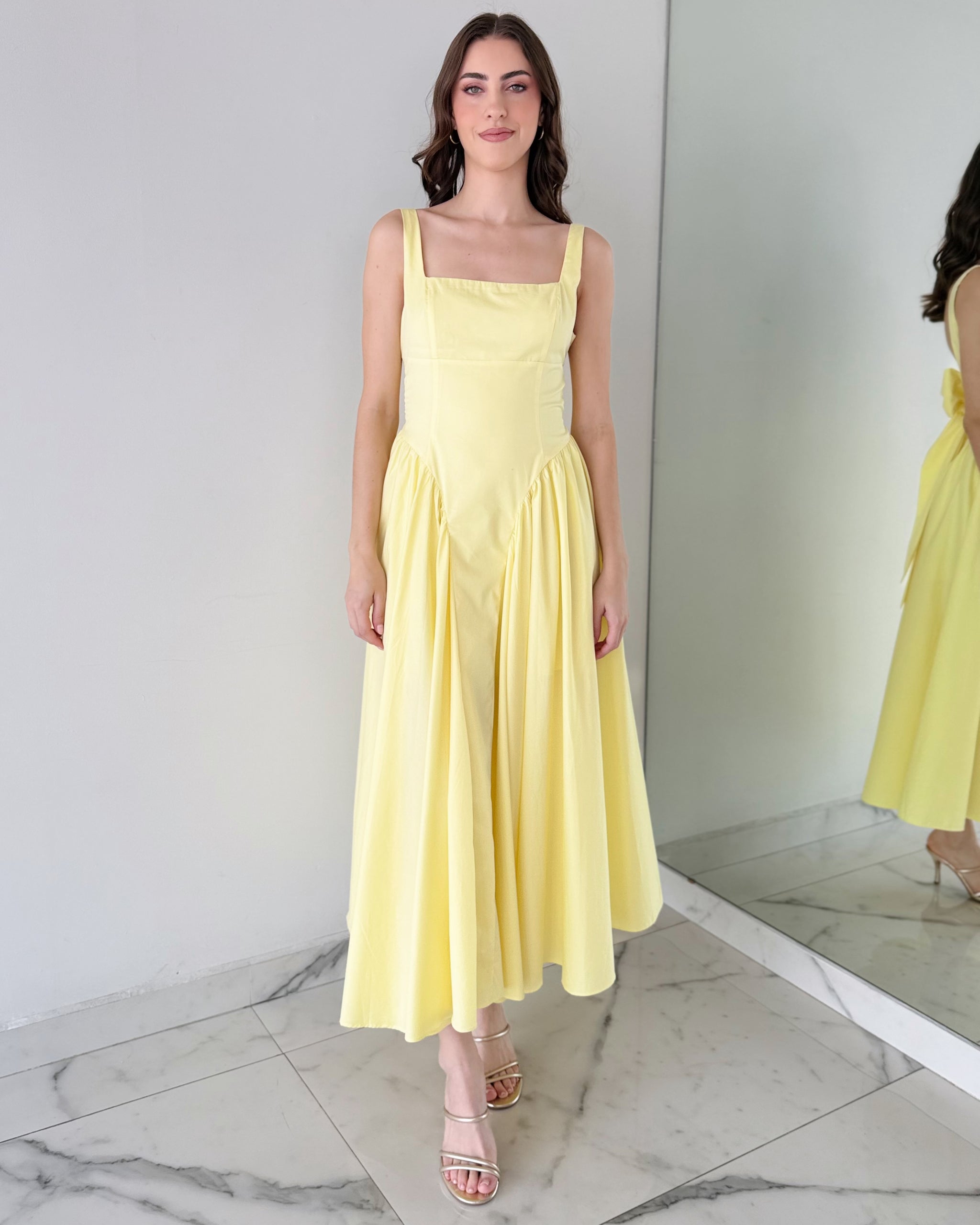 Yellow Strap Back Detail Midi Dress