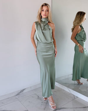 Green Mint Sage Halter Midi Dress