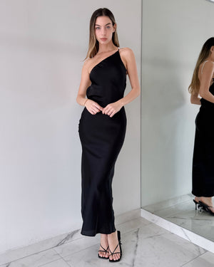 Black One Shoulder Pearl Maxi Dress