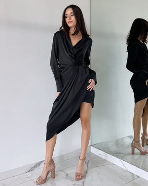 Black Long Sleeve Asymmetric Midi Dress