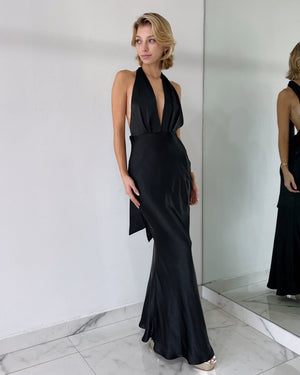 Black Silk V Neck Gown Dress