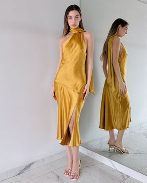 Mustard One Shoulder Halter Midi Dress