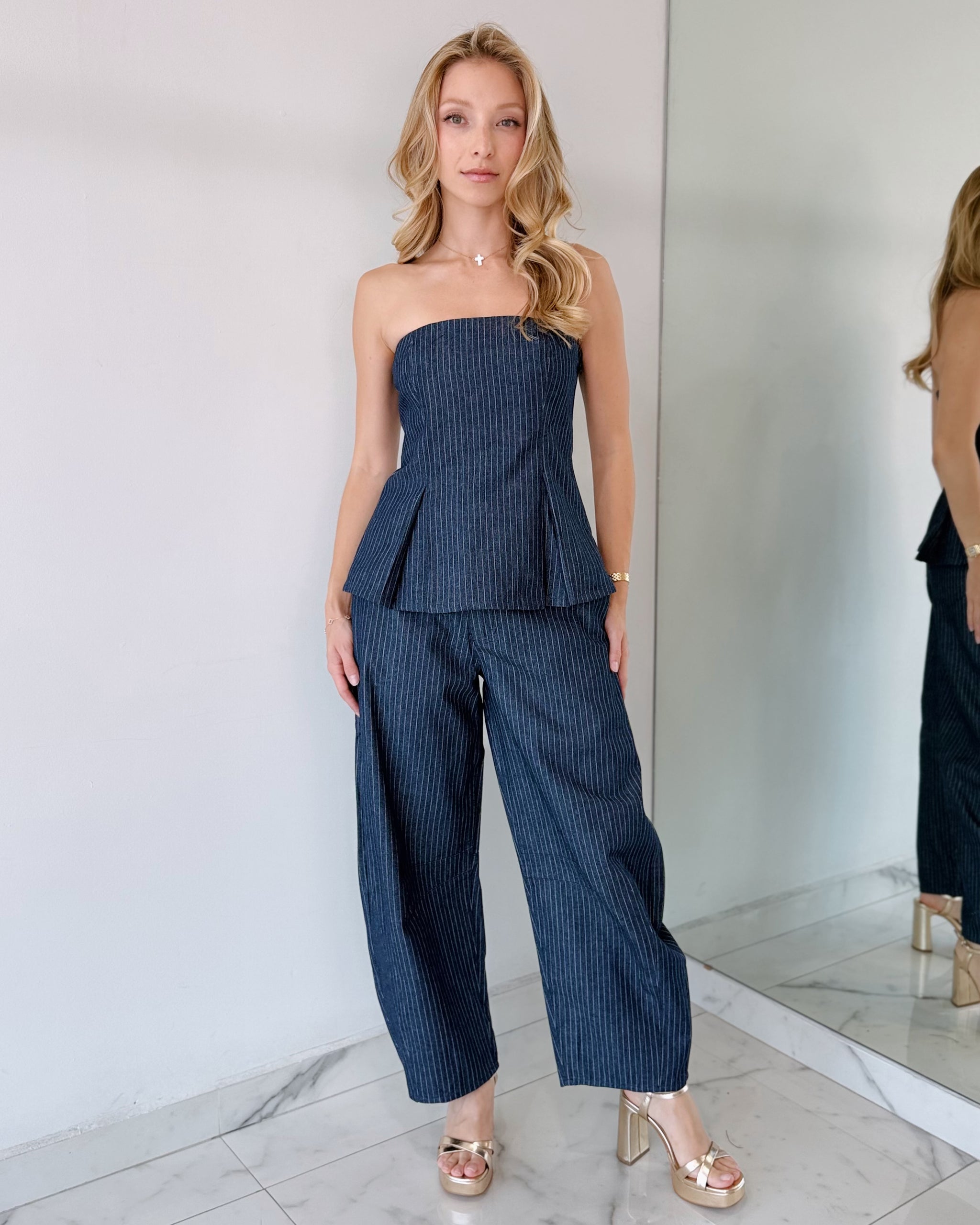 Blue Denim Top + Pant Two Piece Set