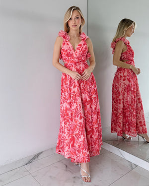 Pink Floral Ruffle Maxi Dress