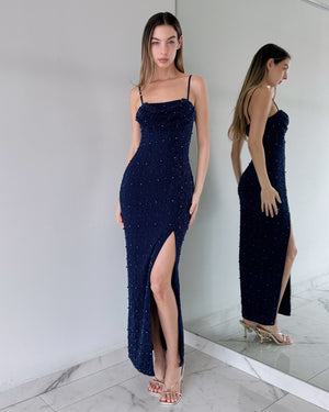 Navy Strap Pearl Maxi Dress