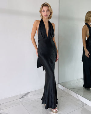 Black Silk V Neck Gown Dress