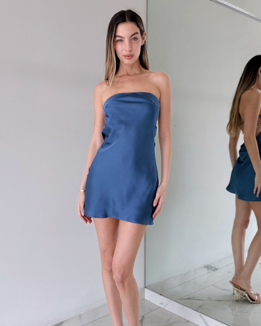 Blue Strapless Pearl Mini Dress