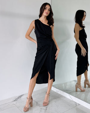 Black One Shoulder Midi Dress