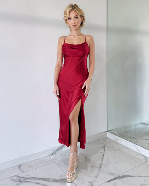 Wine Basic Silk Midi Dress