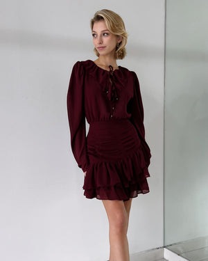 Wine Ruffle Long Sleeve Mini Dress