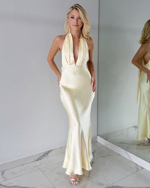 Butter Yellow Open Back Gown Dress