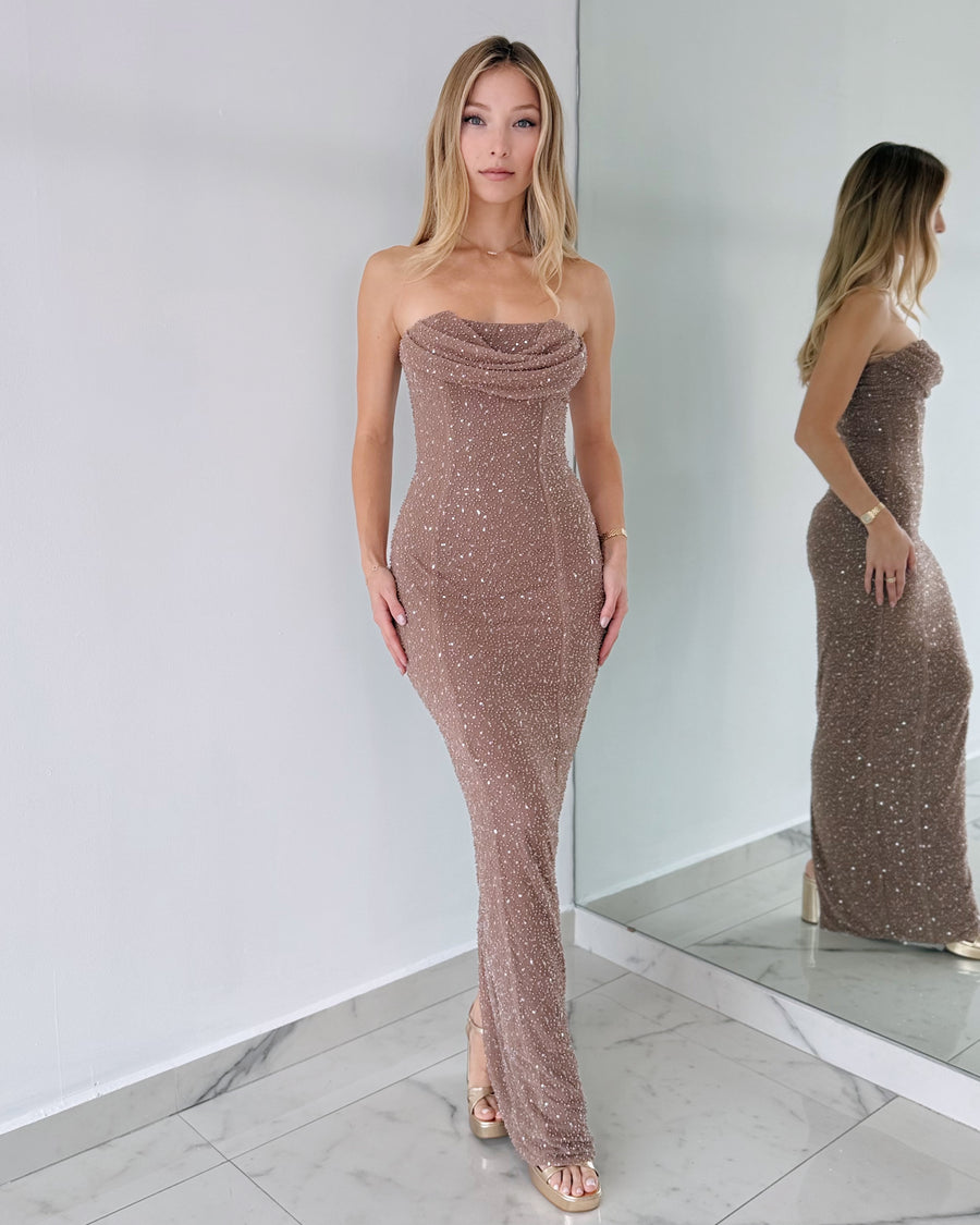 Mocha Coffee Strapless Pearl Maxi Dress
